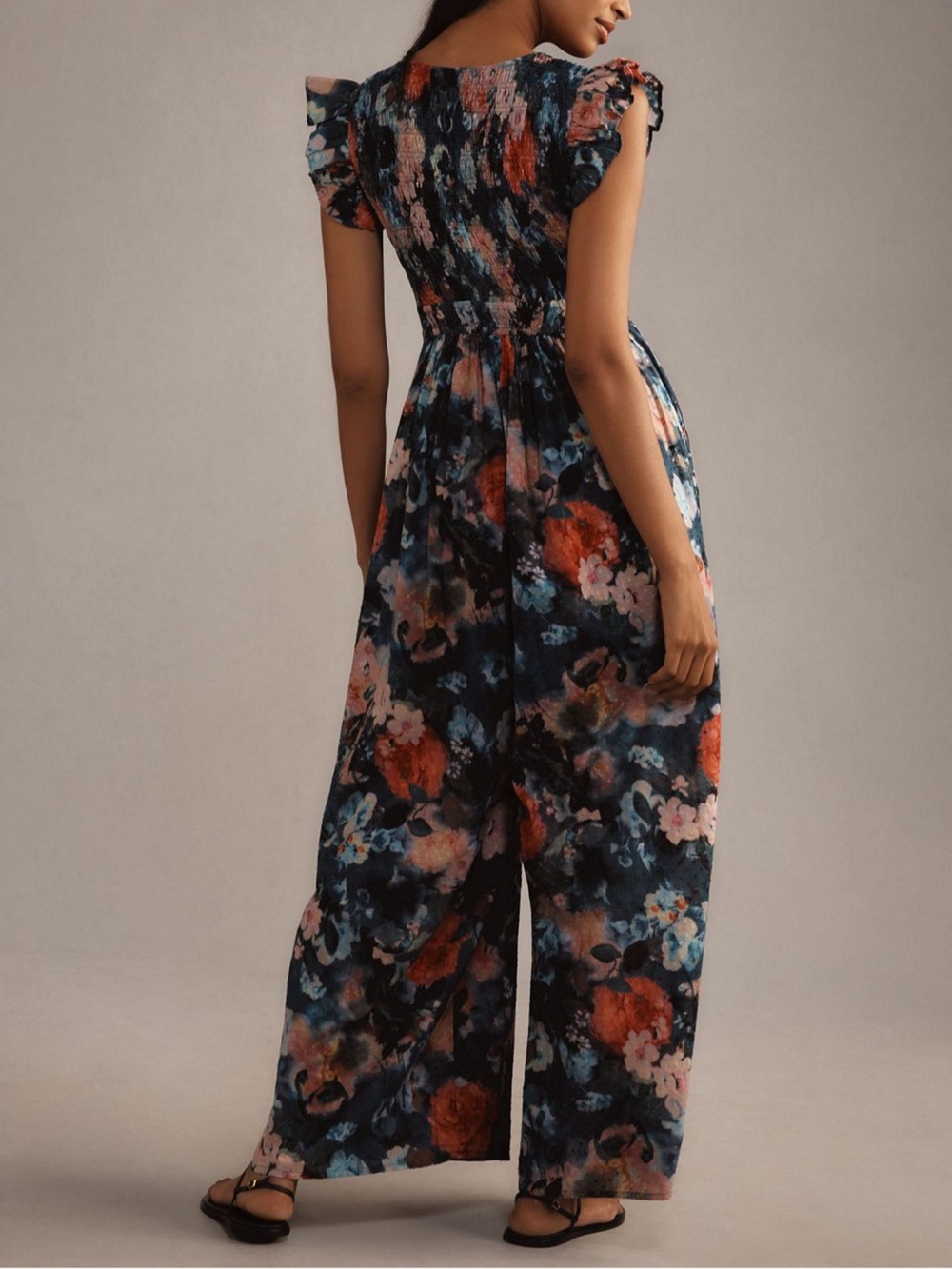 Anthropologie Deep Blue Floral V-Neck Dress with Coral Accents - Picture 3 of 4